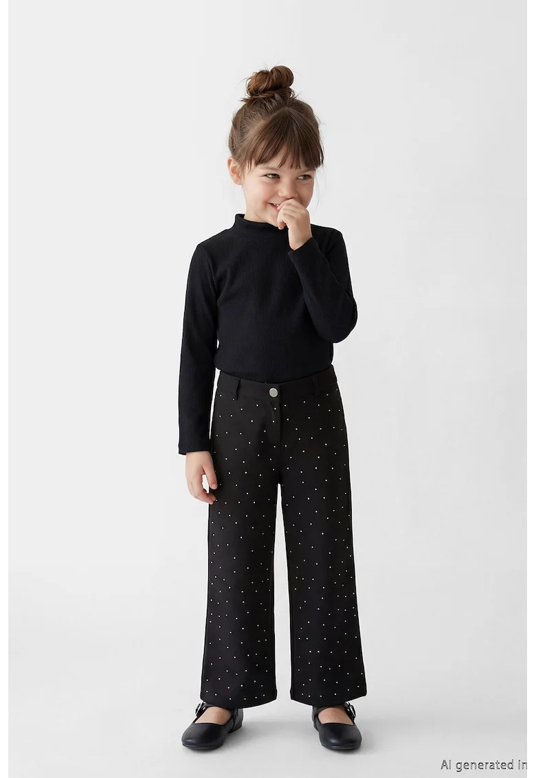 Pantaloni relaxed fit cu aplicatii cu strasuri, Negru
