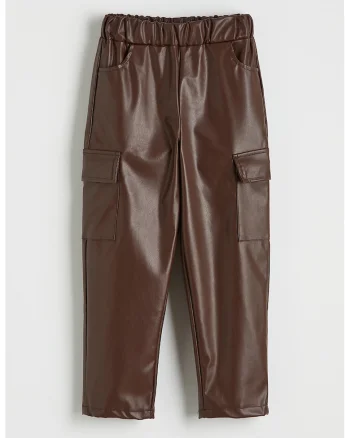 Pantaloni cargo din piele ecologica si talie elastica, Maro pamantiu