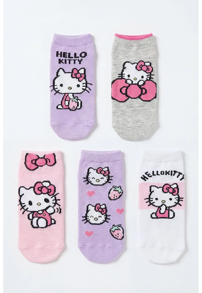 Set de sosete scurte cu tematica cu Hello Kitty - 5 perechi, Gri/Lila/Roz
