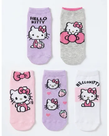Set de sosete scurte cu tematica cu Hello Kitty - 5 perechi, Gri/Lila/Roz