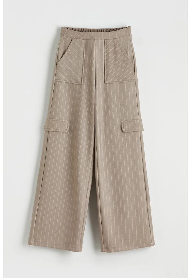 Pantaloni cu croiala ampla si model in dungi, Bej