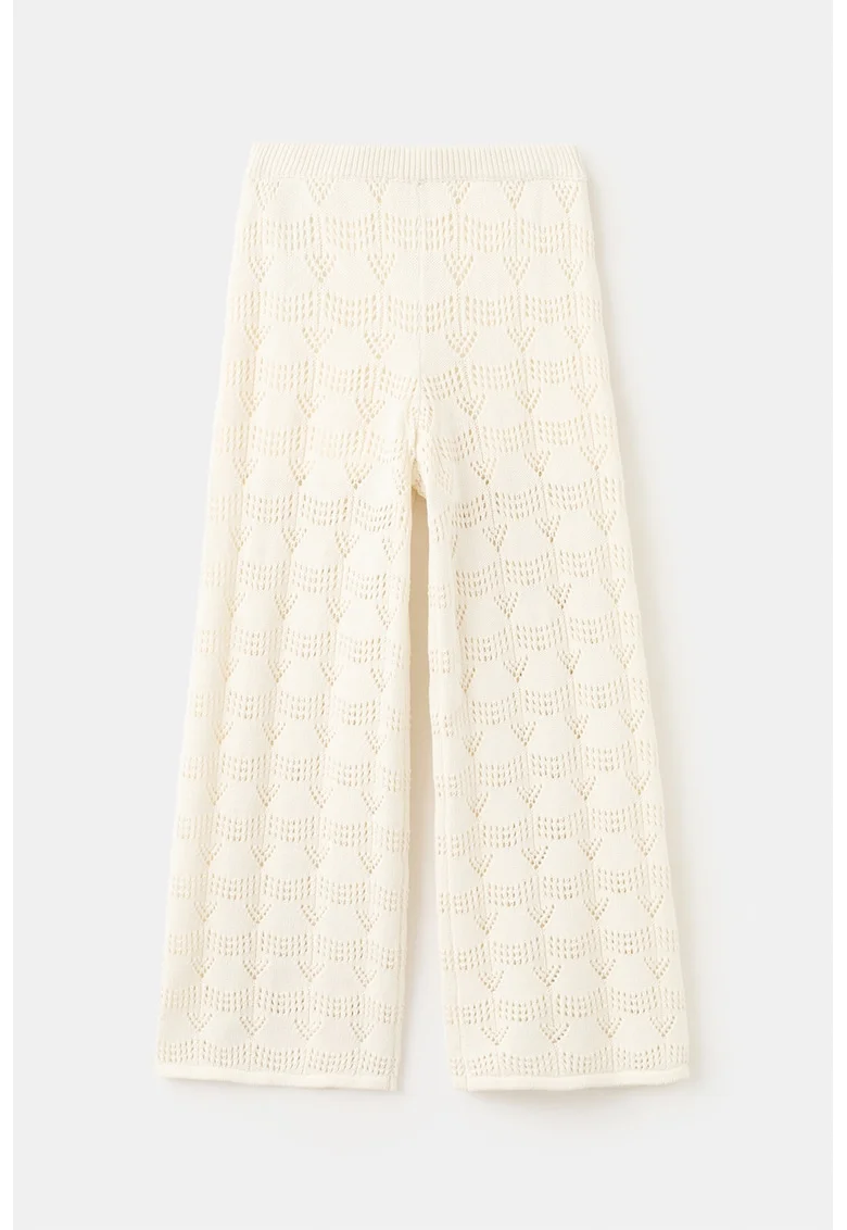 Pantaloni din tricot cu talie elastica si perforatii, Alb fildes
