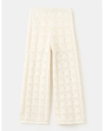 Pantaloni din tricot cu talie elastica si perforatii, Alb fildes
