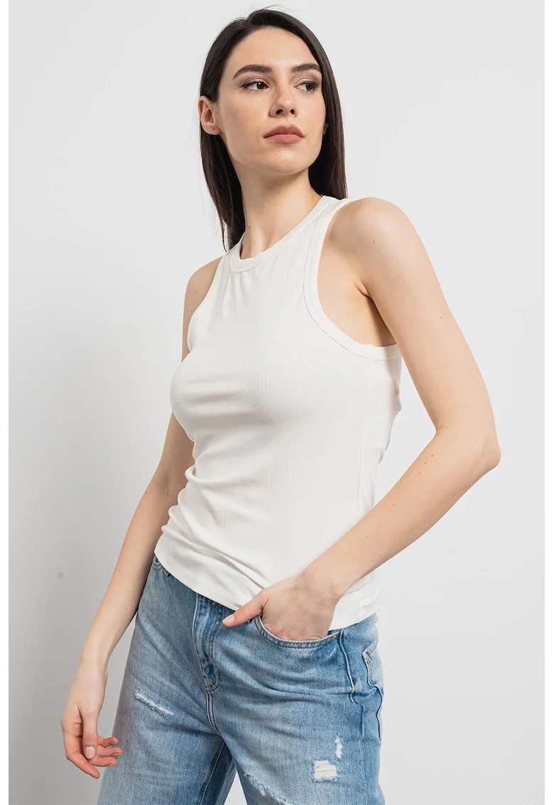 Top slim fit cu striatii, Alb