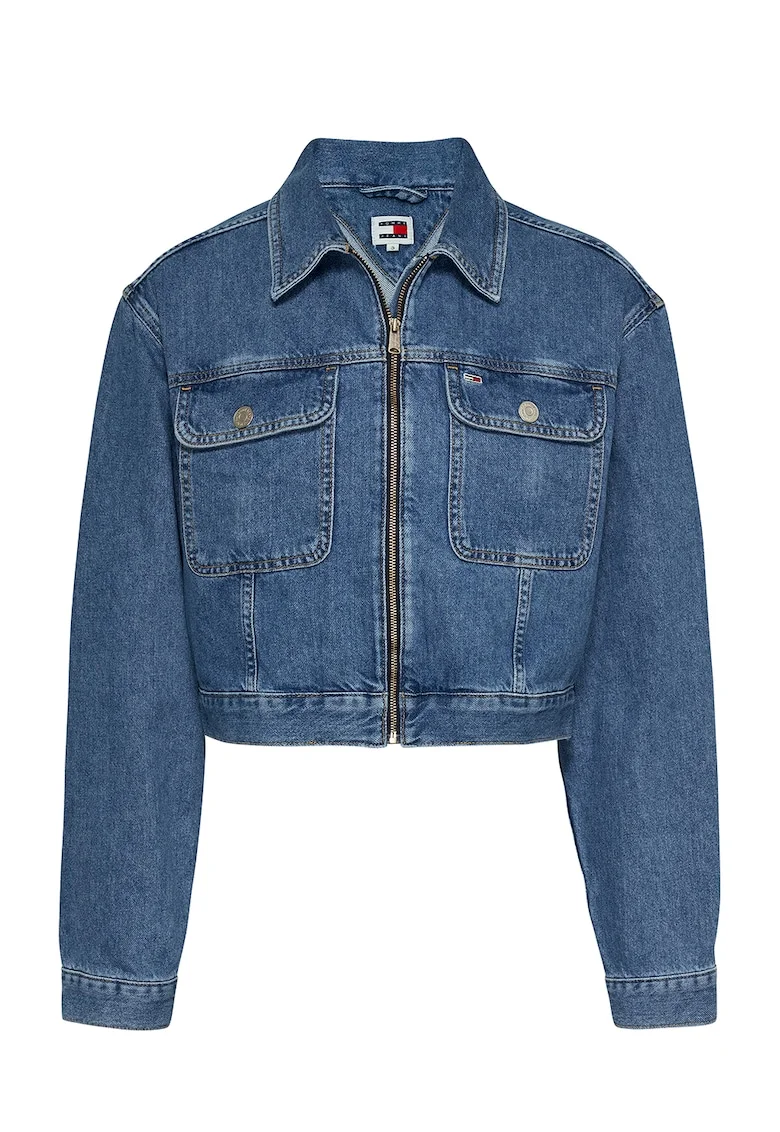 Jacheta crop din denim cu buzunare aplicate, Albastru