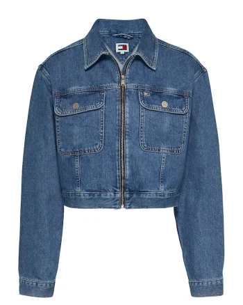 Jacheta crop din denim cu buzunare aplicate, Albastru