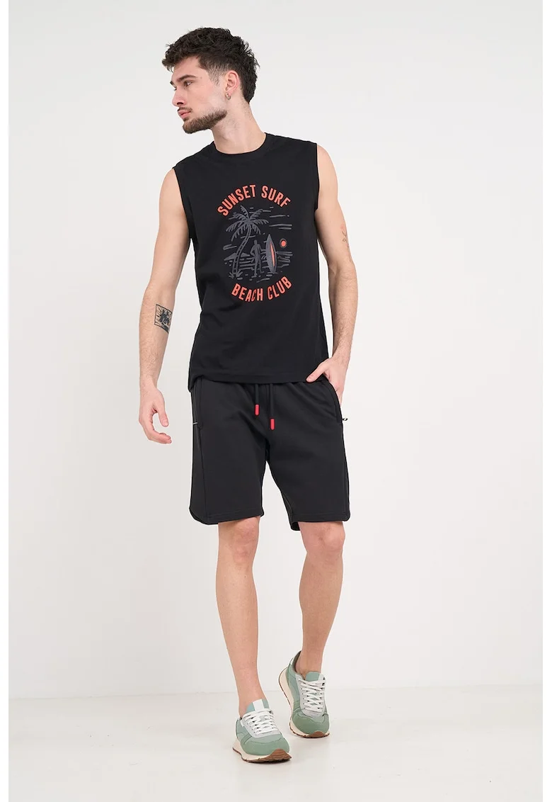 Top din bumbac cu imprimeu tropical, Negru