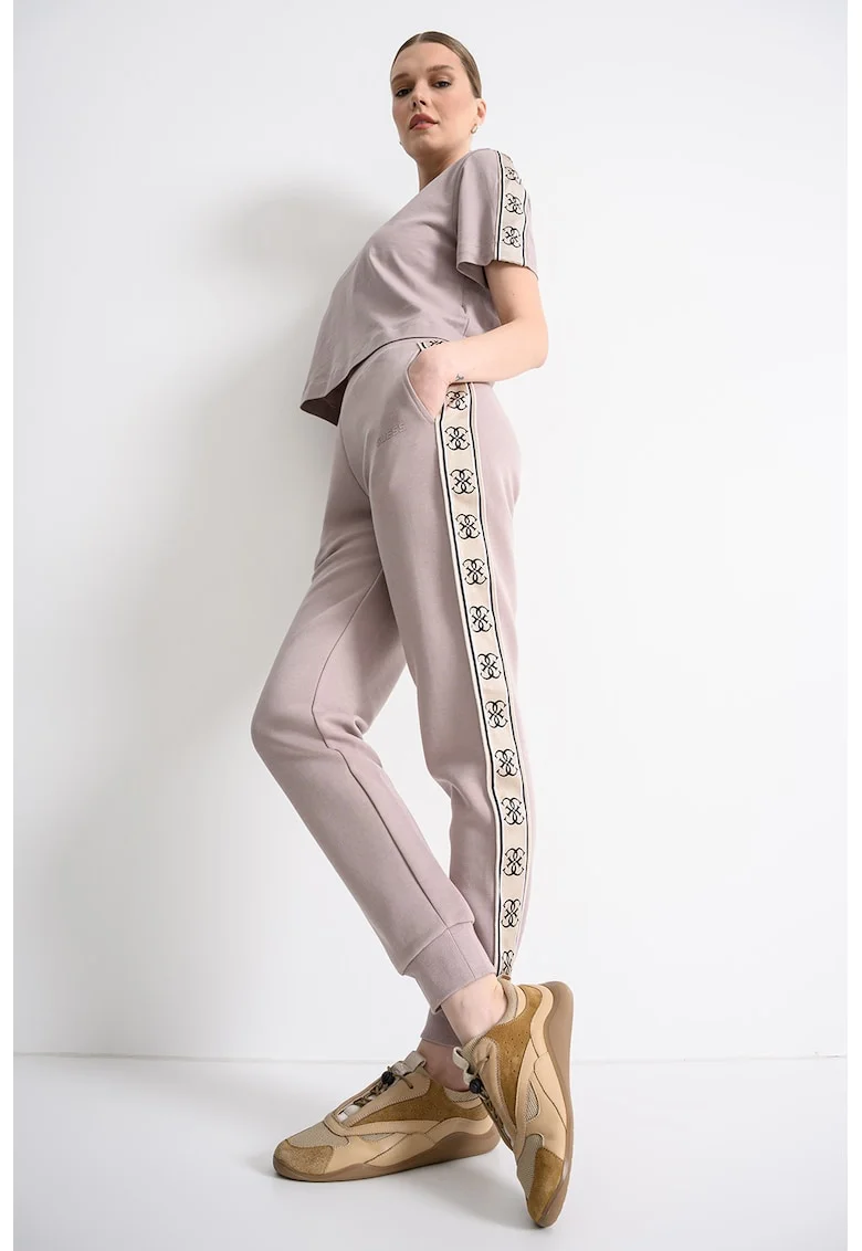 Pantaloni de trening cu croiala conica si segmente laterale cu logo, Liliac prafuit