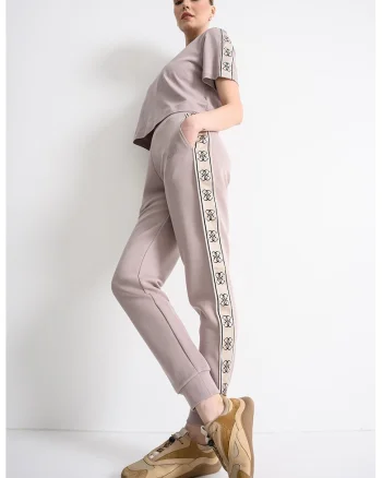Pantaloni de trening cu croiala conica si segmente laterale cu logo, Liliac prafuit