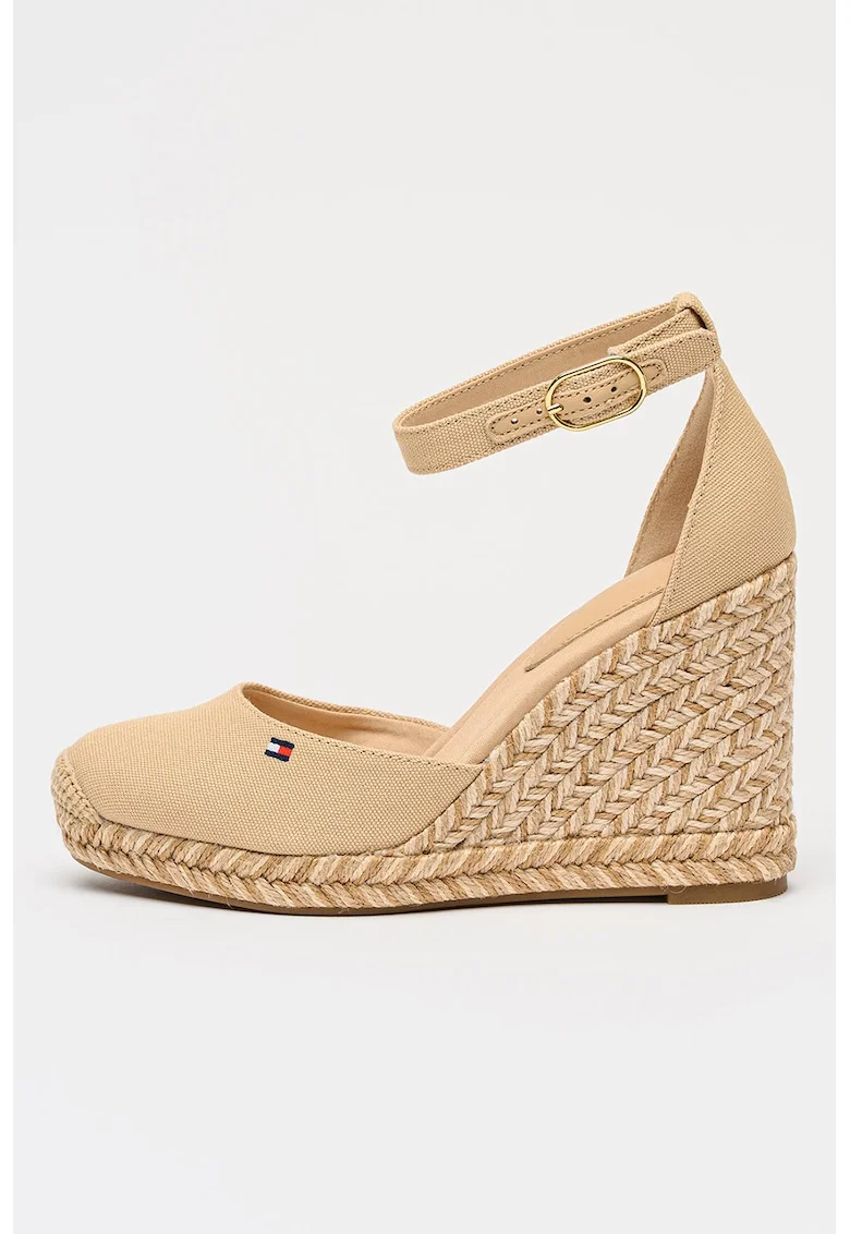 Espadrile wedge din material textil, Maro nisip