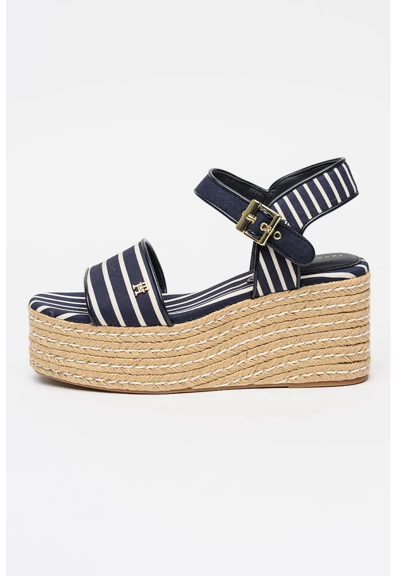 Espadrile wedge cu platforma si dungi, Alb/Bleumarin