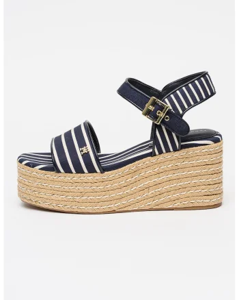 Espadrile wedge cu platforma si dungi, Alb/Bleumarin