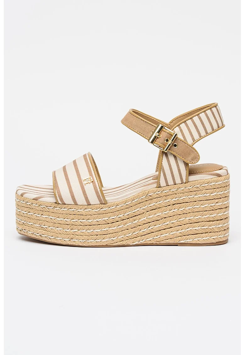 Espadrile wedge cu platforma si dungi, Caramel/Alb murdar