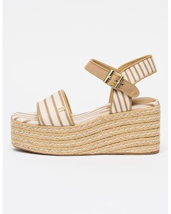 Espadrile wedge cu platforma si dungi, Caramel/Alb murdar