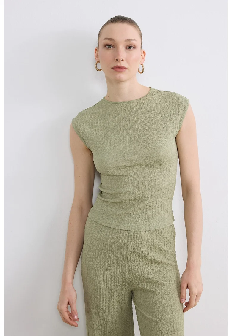 Top slim fit cu aspect texturat, Verde stins