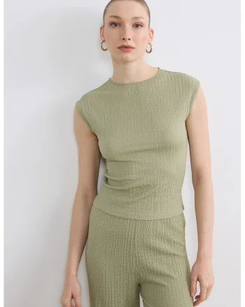 Top slim fit cu aspect texturat, Verde stins