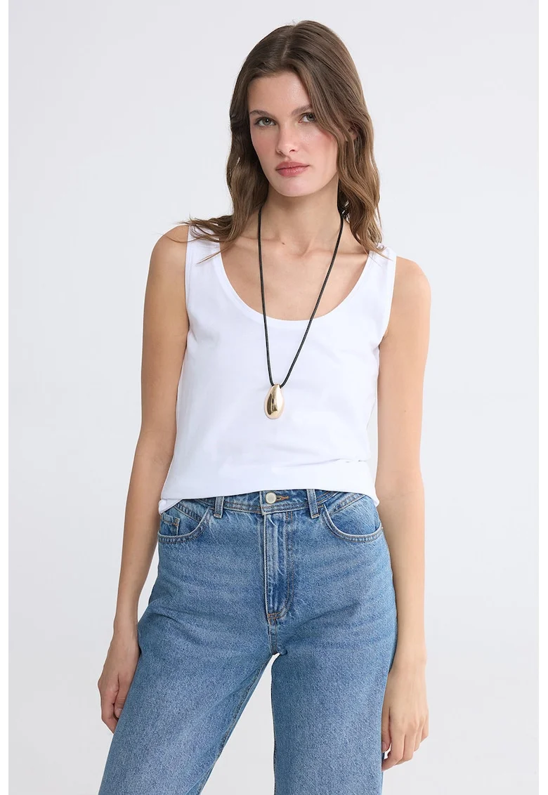 Top slim fit cu decolteu rotund, Alb optic