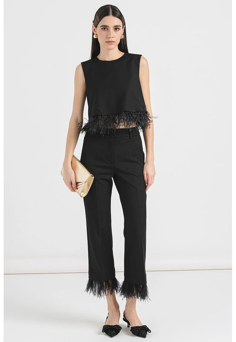 Top crop cu detalii cu pene, Negru