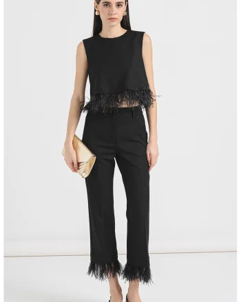Top crop cu detalii cu pene, Negru