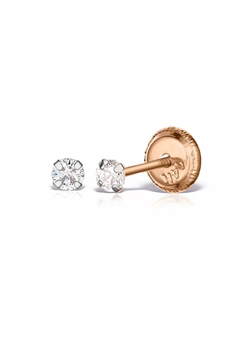 Cercei mici cu diamante, aur roz 14 KT, inchidere cu protectie