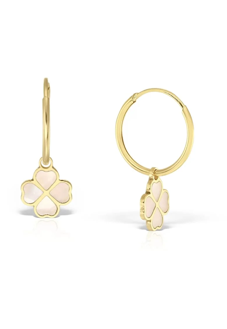 Cercei 18 KT pentru fete, pandantiv lucky charm din sidef