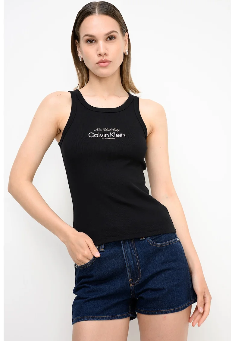 Top slim-fit cu logo, Negru