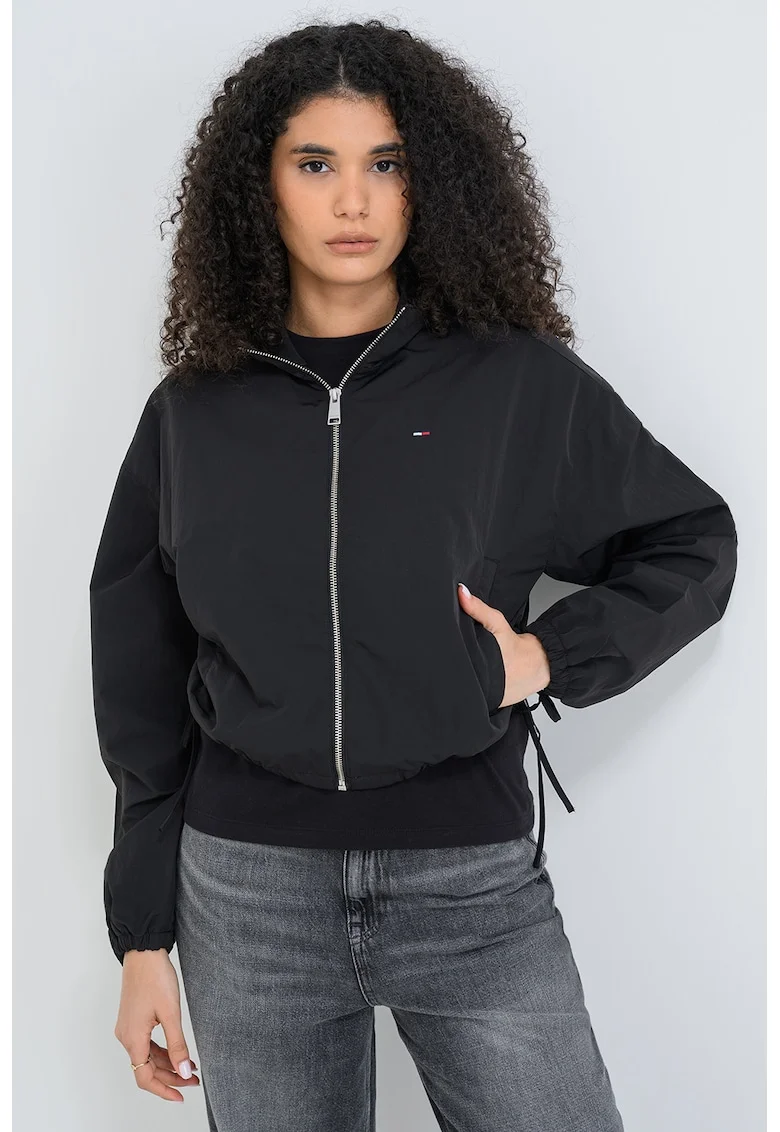 Jacheta crop din nailon cu fronseu, Negru