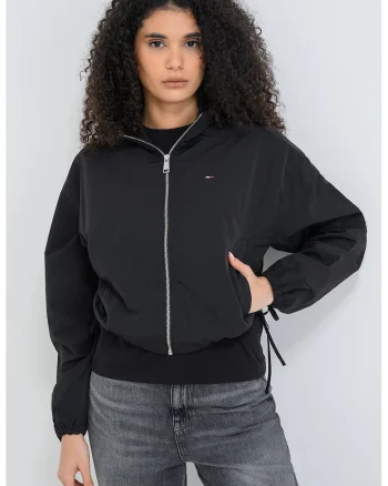 Jacheta crop din nailon cu fronseu, Negru