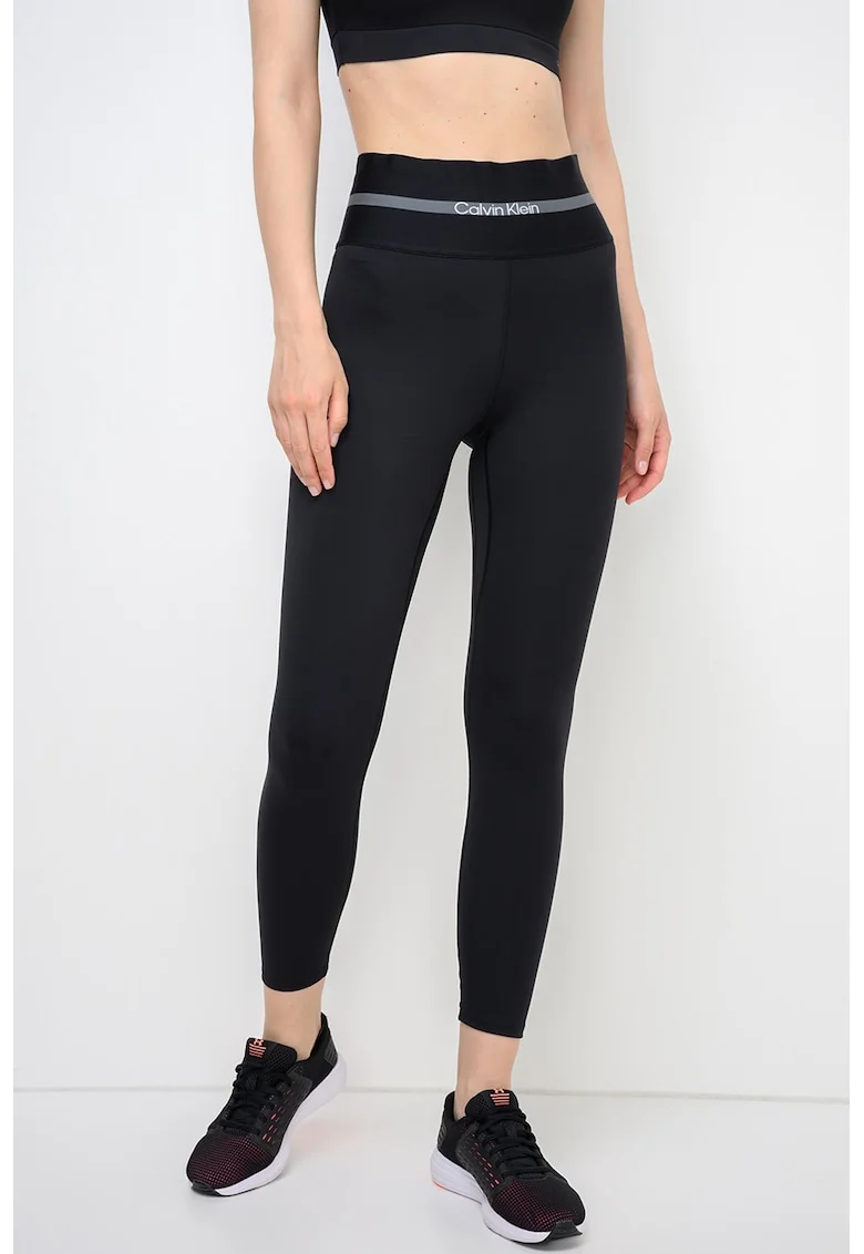 Colanti crop cu talie inalta, pentru fitness, Negru