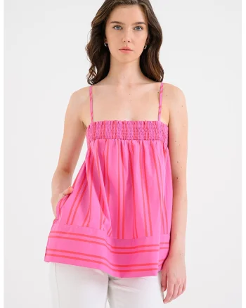 Top din amestec de bumbac organic cu dungi, Fucsia