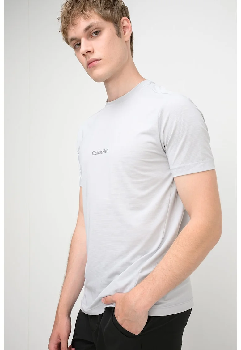 Tricou slim-fit cu decolteu la baza gatului, Gri deschis