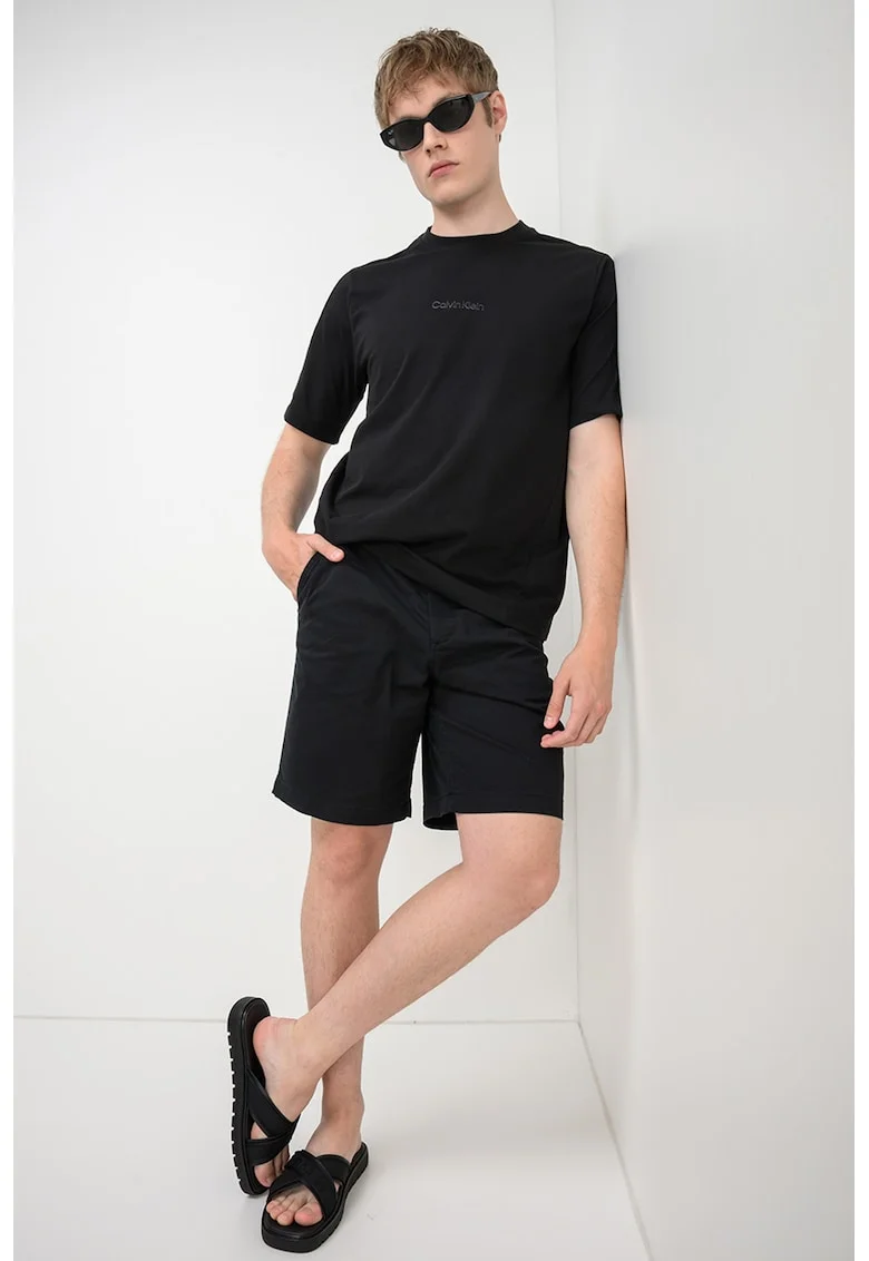 Tricou din amestec de bumbac cu decolteu la baza gatului, Negru