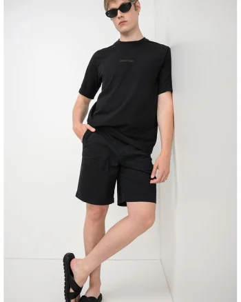 Tricou din amestec de bumbac cu decolteu la baza gatului, Negru