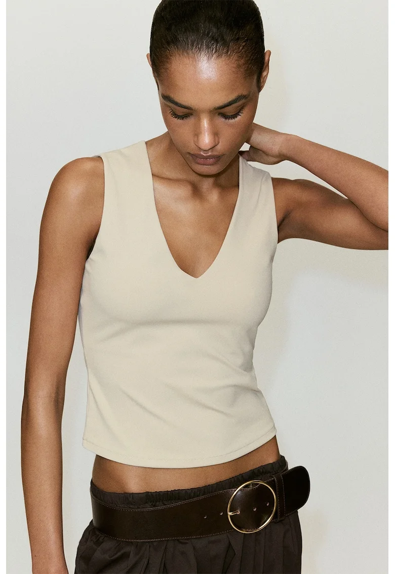 Top slim fit cu decolteu in V, Grej