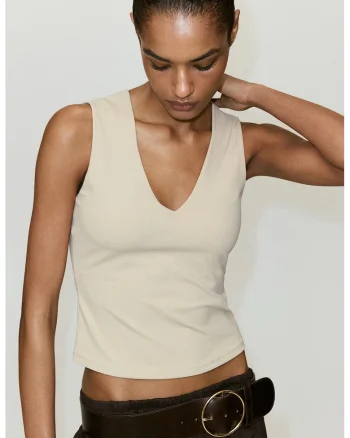 Top slim fit cu decolteu in V, Grej
