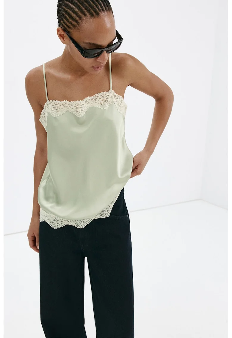 Top de satin cu detaliu de dantela, Verde pal