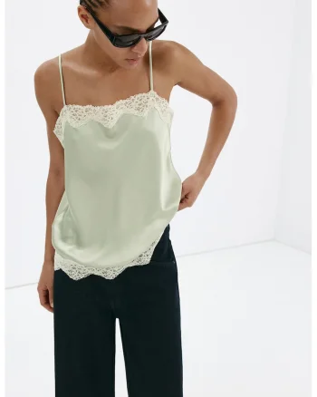 Top de satin cu detaliu de dantela, Verde pal