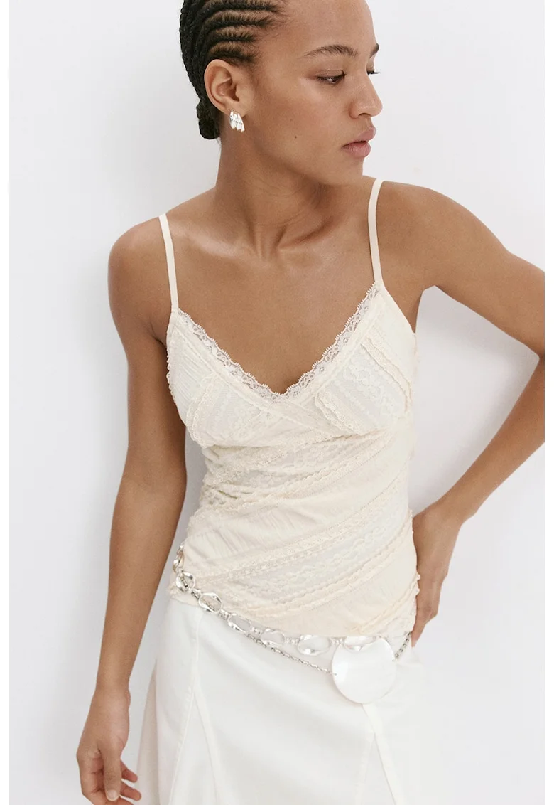 Top slim fit de dantela cu decolteu in V, Alb murdar