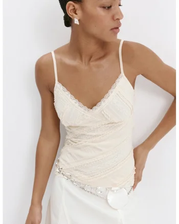 Top slim fit de dantela cu decolteu in V, Alb murdar