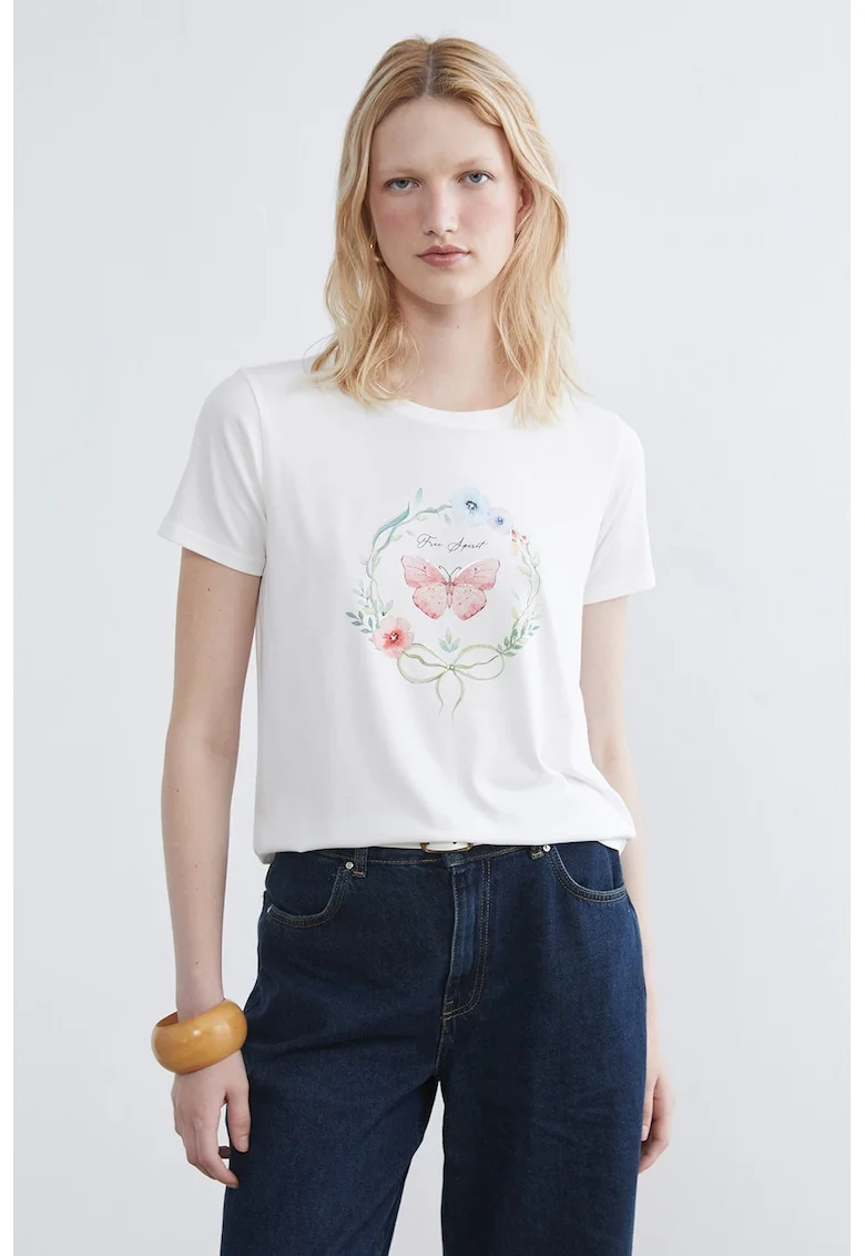 Tricou lejer cu imprimeu fluture, Alb/Verde deschis/Roz