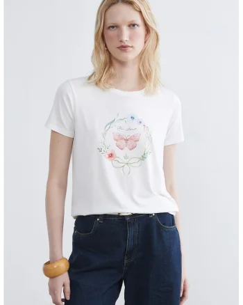 Tricou lejer cu imprimeu fluture, Alb/Verde deschis/Roz
