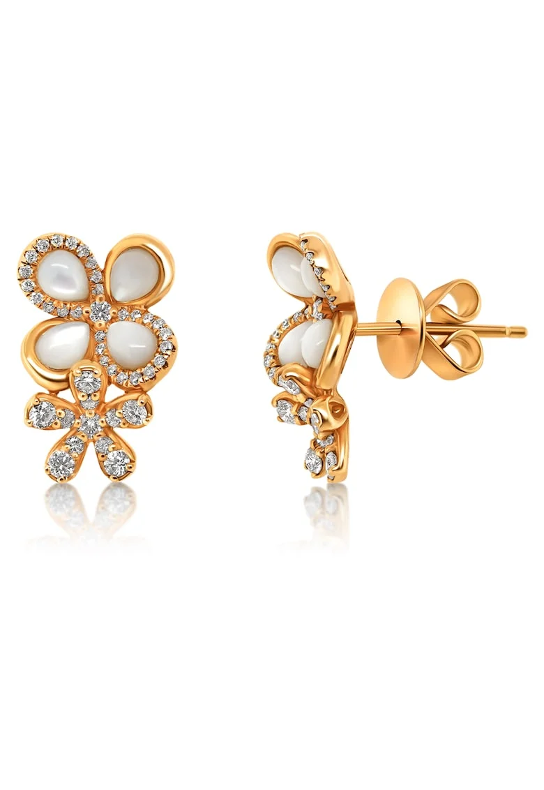Cercei din aur roz de 18K cu sidef și diamante naturale, design floral, elegant