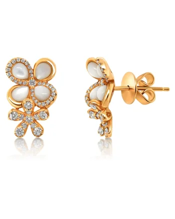 Cercei din aur roz de 18K cu sidef și diamante naturale, design floral, elegant