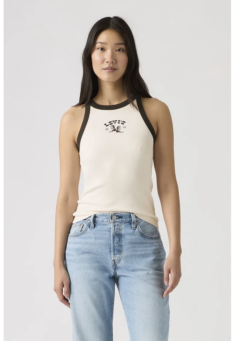 Top cu logo, Negru stins/Alb murdar