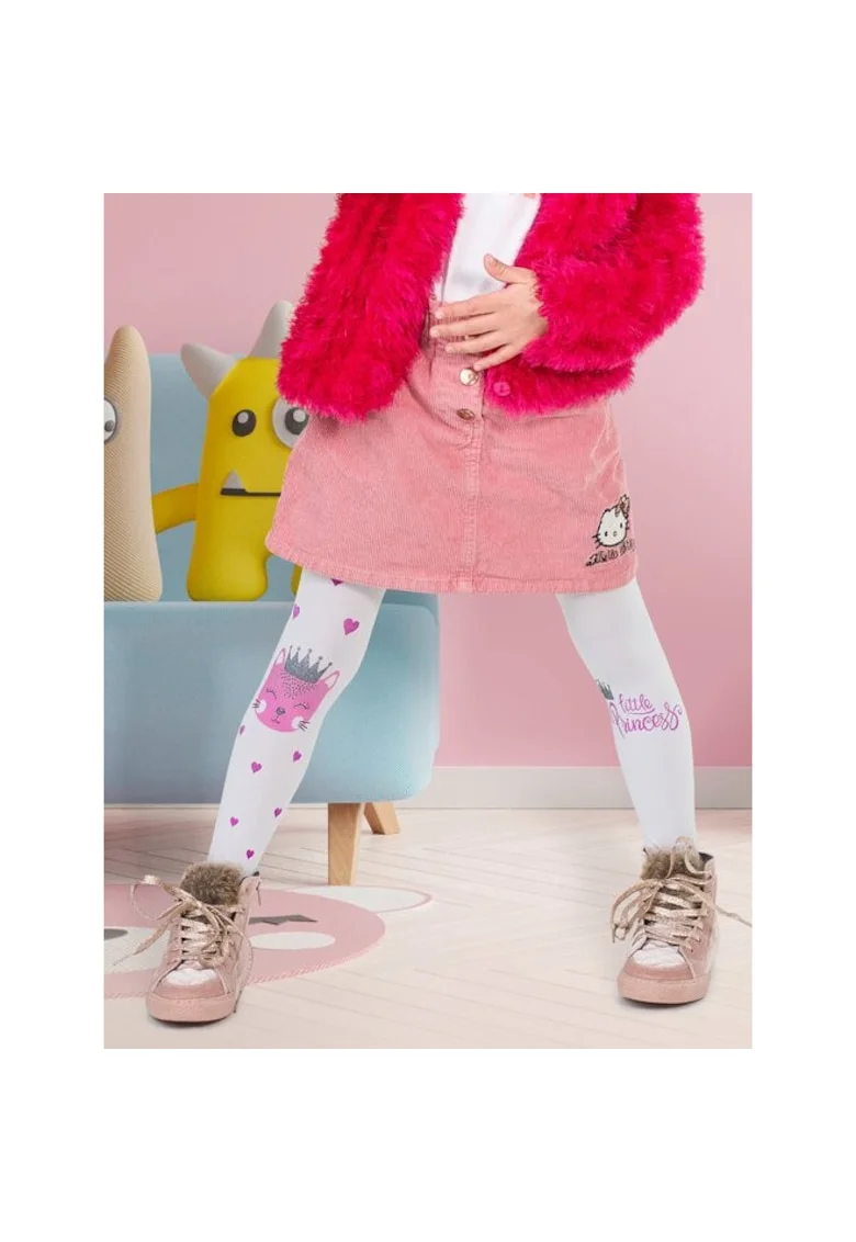 Dresuri copii albi cu model inimioare si text  Little Princess 40 den, Alb/Roz
