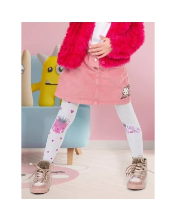 Dresuri copii albi cu model inimioare si text  Little Princess 40 den, Alb/Roz