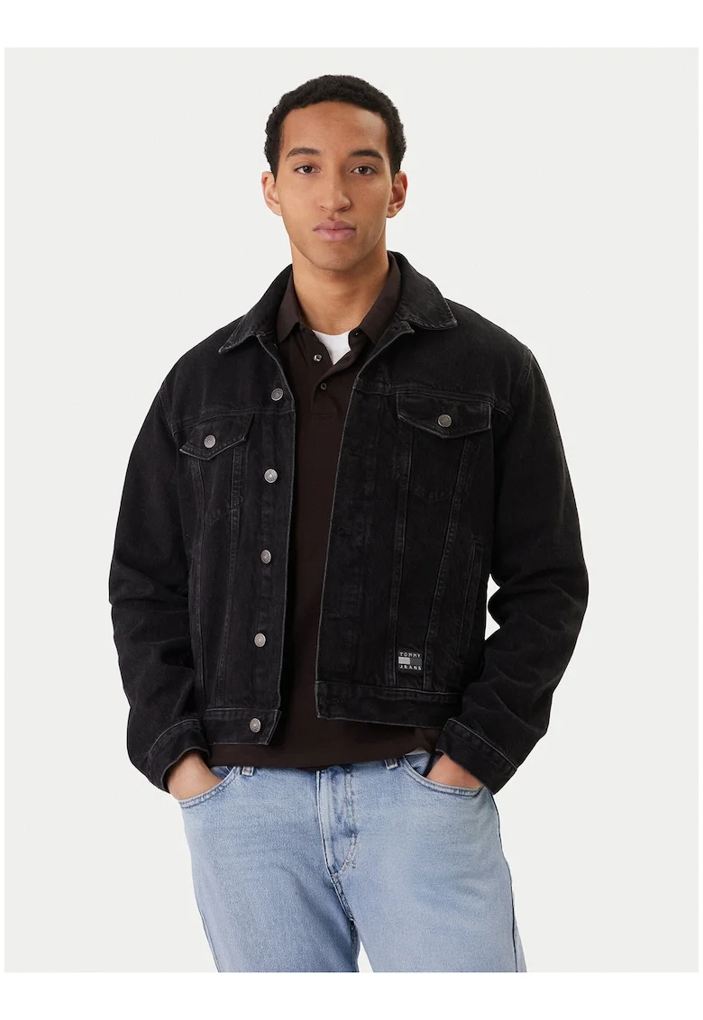 Jacheta din denim cu guler clasic si model uni