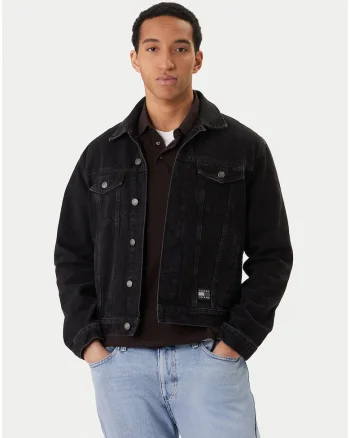 Jacheta din denim cu guler clasic si model uni