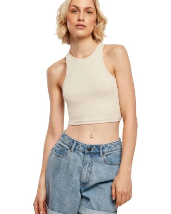 Top crop racerback cu aspect striat, Bej