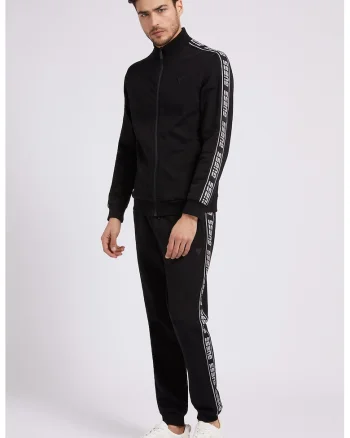 Pantaloni de trening cu benzi logo laterale si snur, Alb/Negru